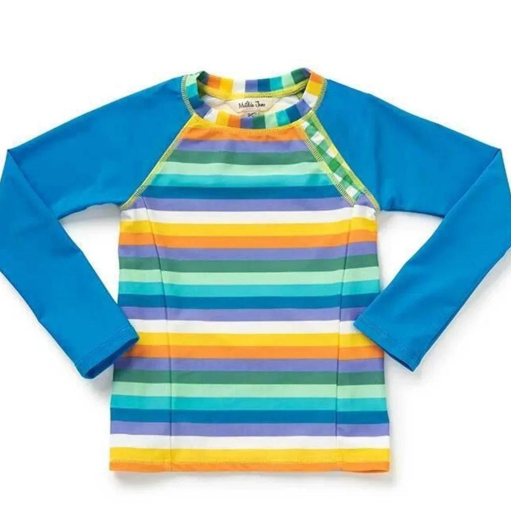 ⭐️ 5/$30- Matilda Jane Rashguard, Size 8, unisex, blue orange stripes
